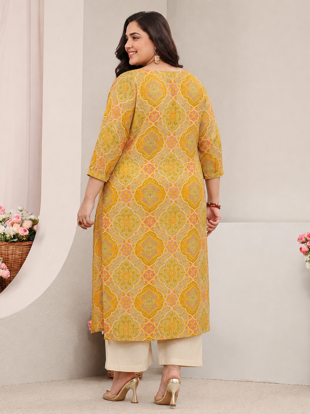  Plus Size Yellow Motif Printed Silk Blend Straight Kurta 