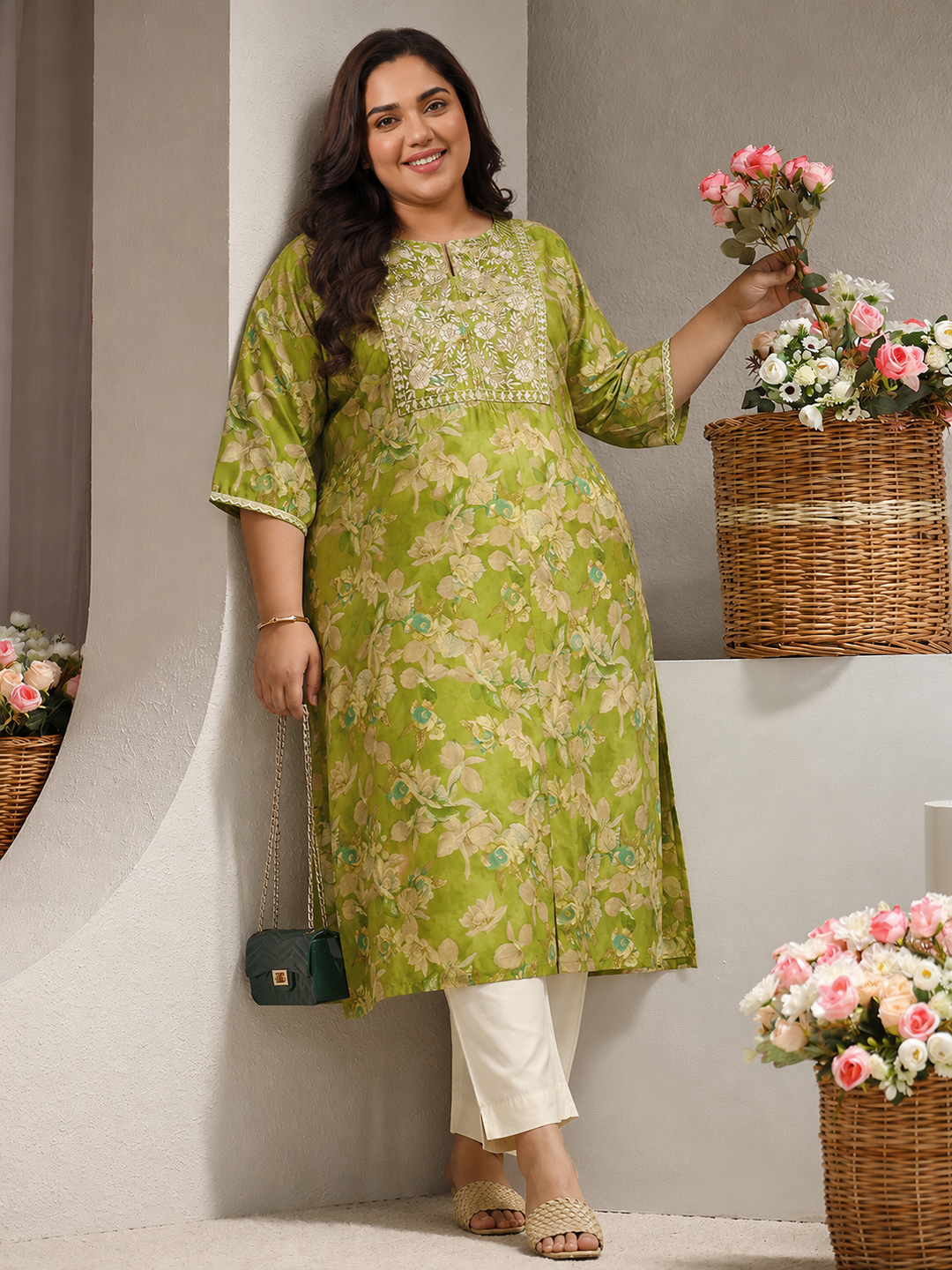 Plus Size Green Floral Printed Silk Blend Straight Kurta