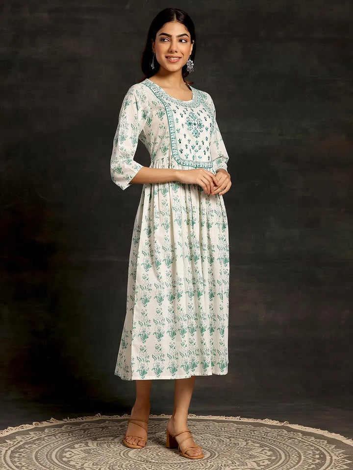 White Printed Cotton A-Line Dress - Libas