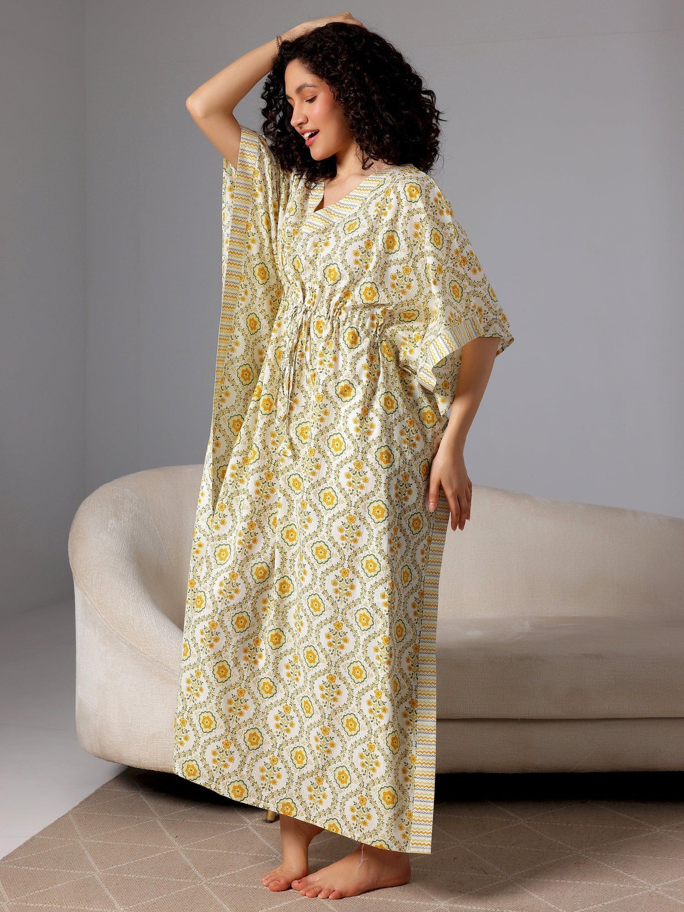 Yellow Printed Cotton Kaftan Night Dress - Libas