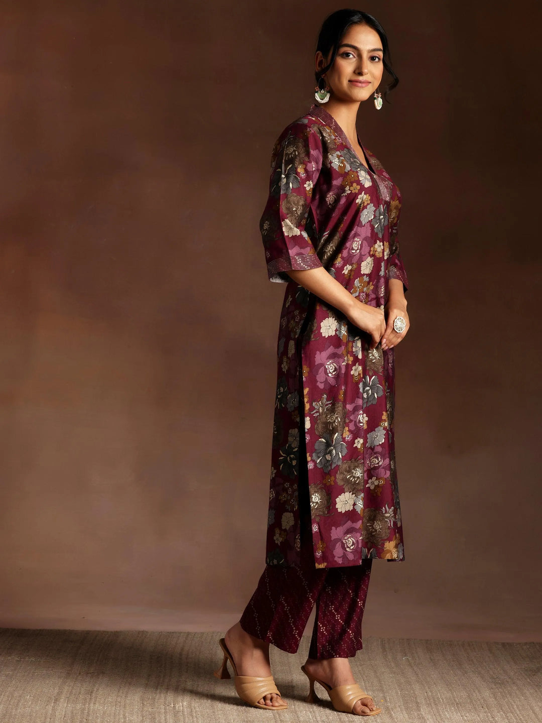 Burgundy Printed Silk Blend Straight Suit With Dupatta - Libas 