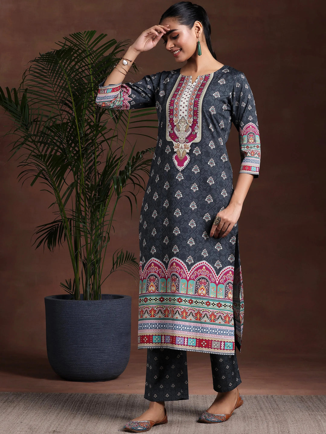 Black Printed Poly Crepe Straight Suit With Dupatta 