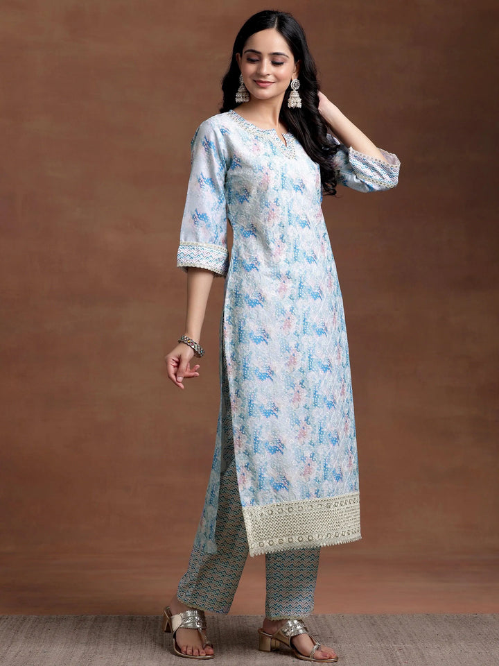 Blue Embroidered Cotton Blend Straight Suit With Dupatta - Libas
