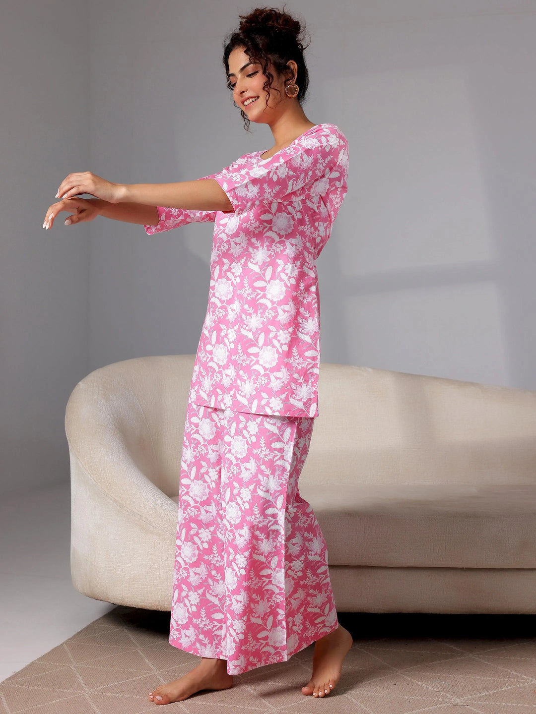 Pink Printed Cotton Night Suits - Libas 