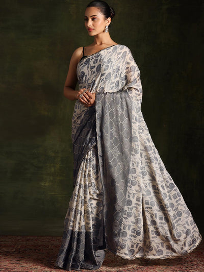 Beige Printed Silk Blend Saree With Unstitched Blouse Piece - Libas