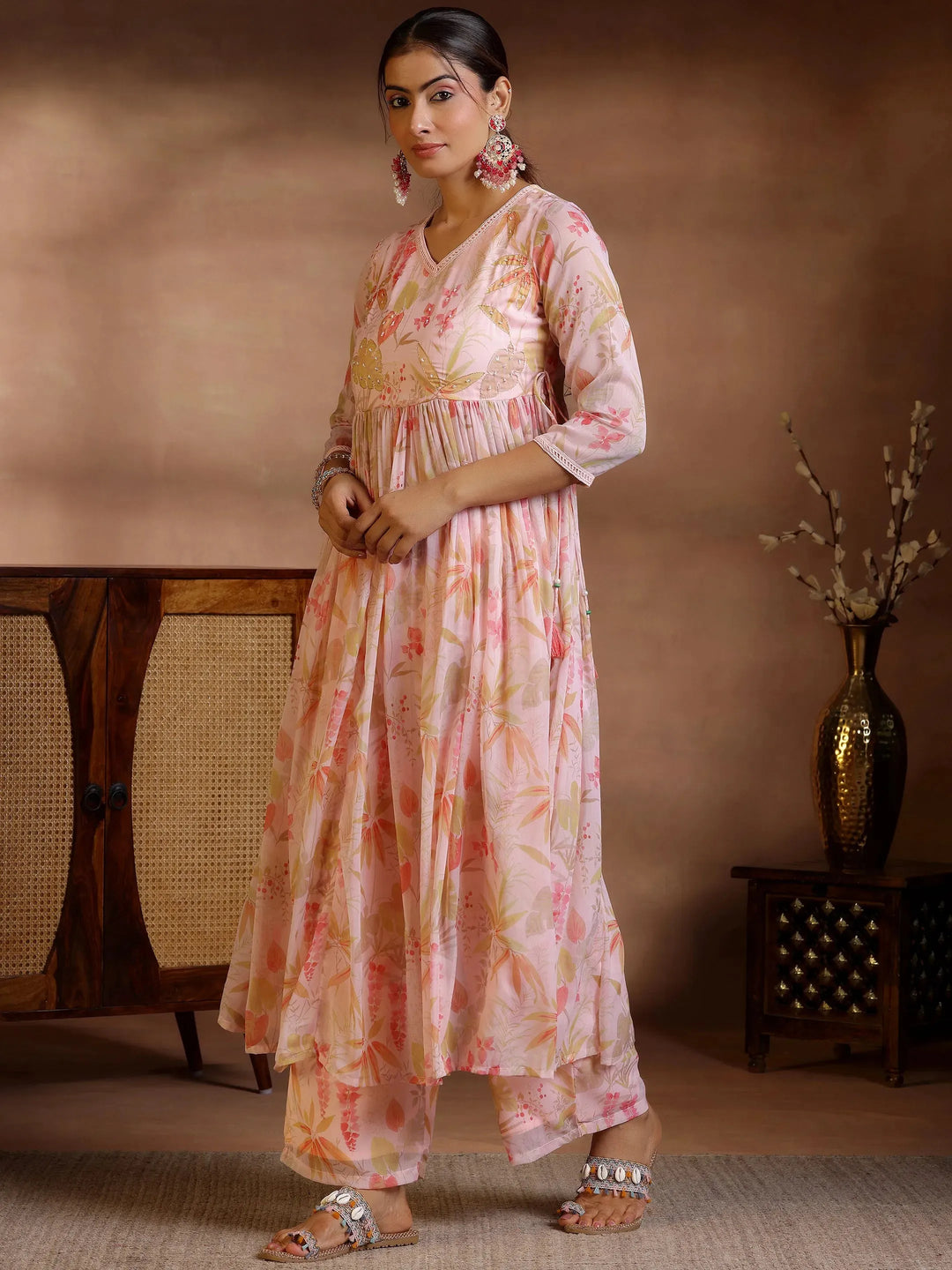  Pink Printed Poly Chiffon A-Line Kurta With Palazzos & Dupatta 