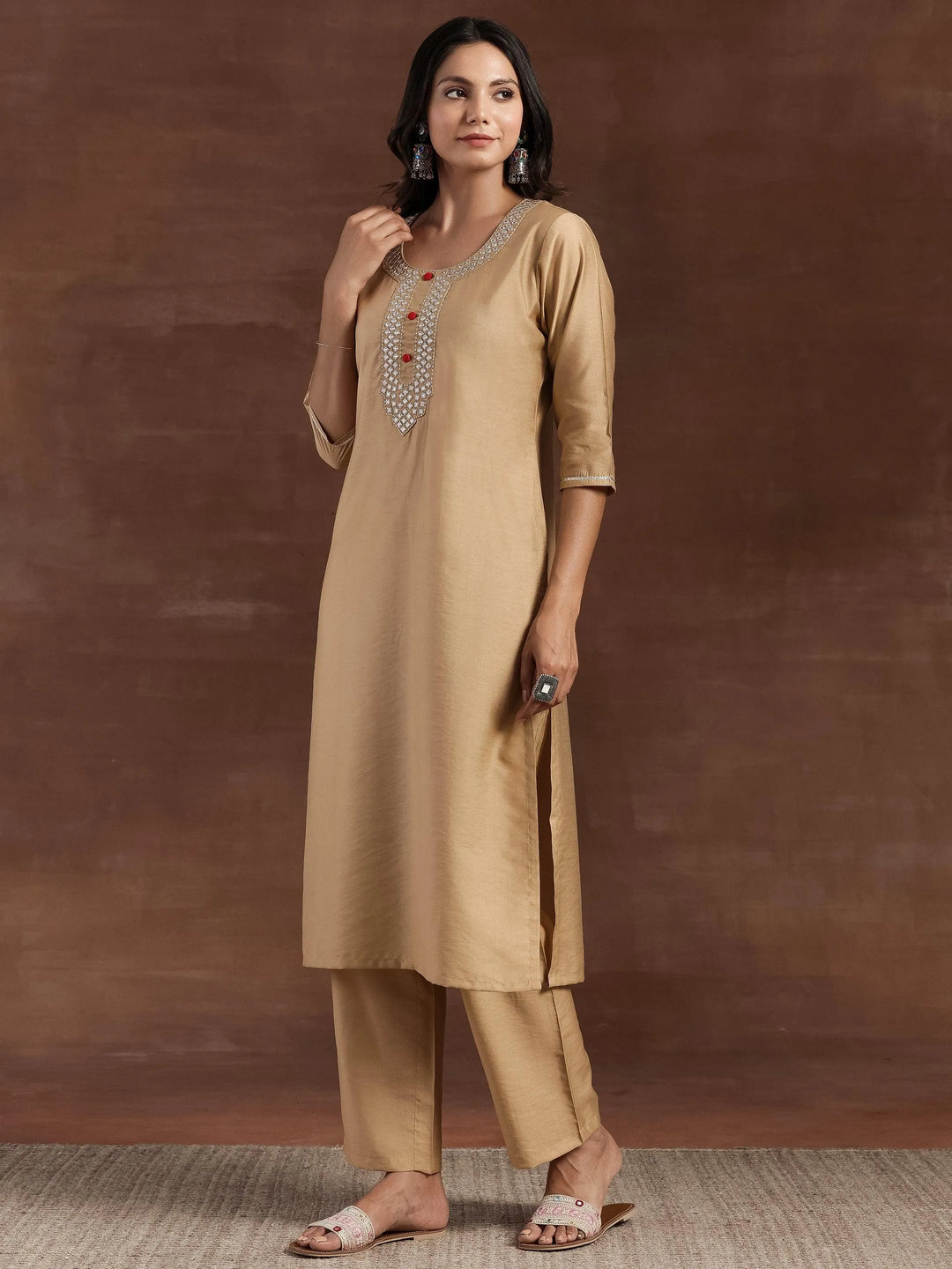 Beige Yoke Design Silk Blend Straight Kurta With Trousers & Dupatta - Libas 