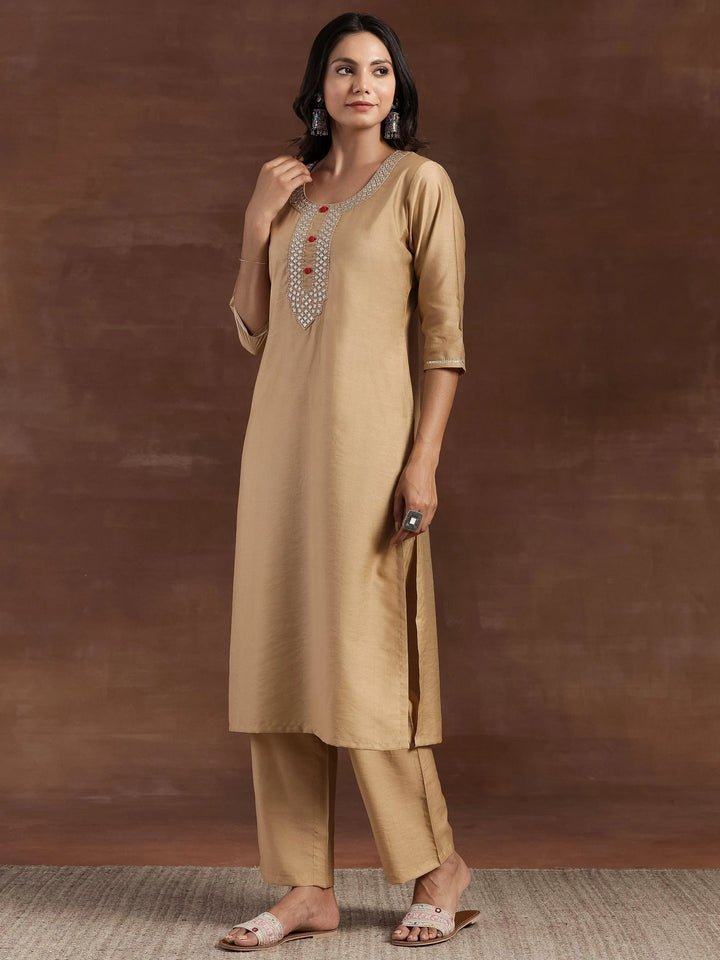 Beige Yoke Design Silk Blend Straight Kurta With Trousers & Dupatta - Libas