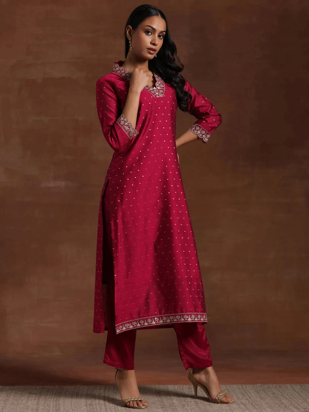  Pink Self Design Silk Blend Straight Suit With Dupatta 