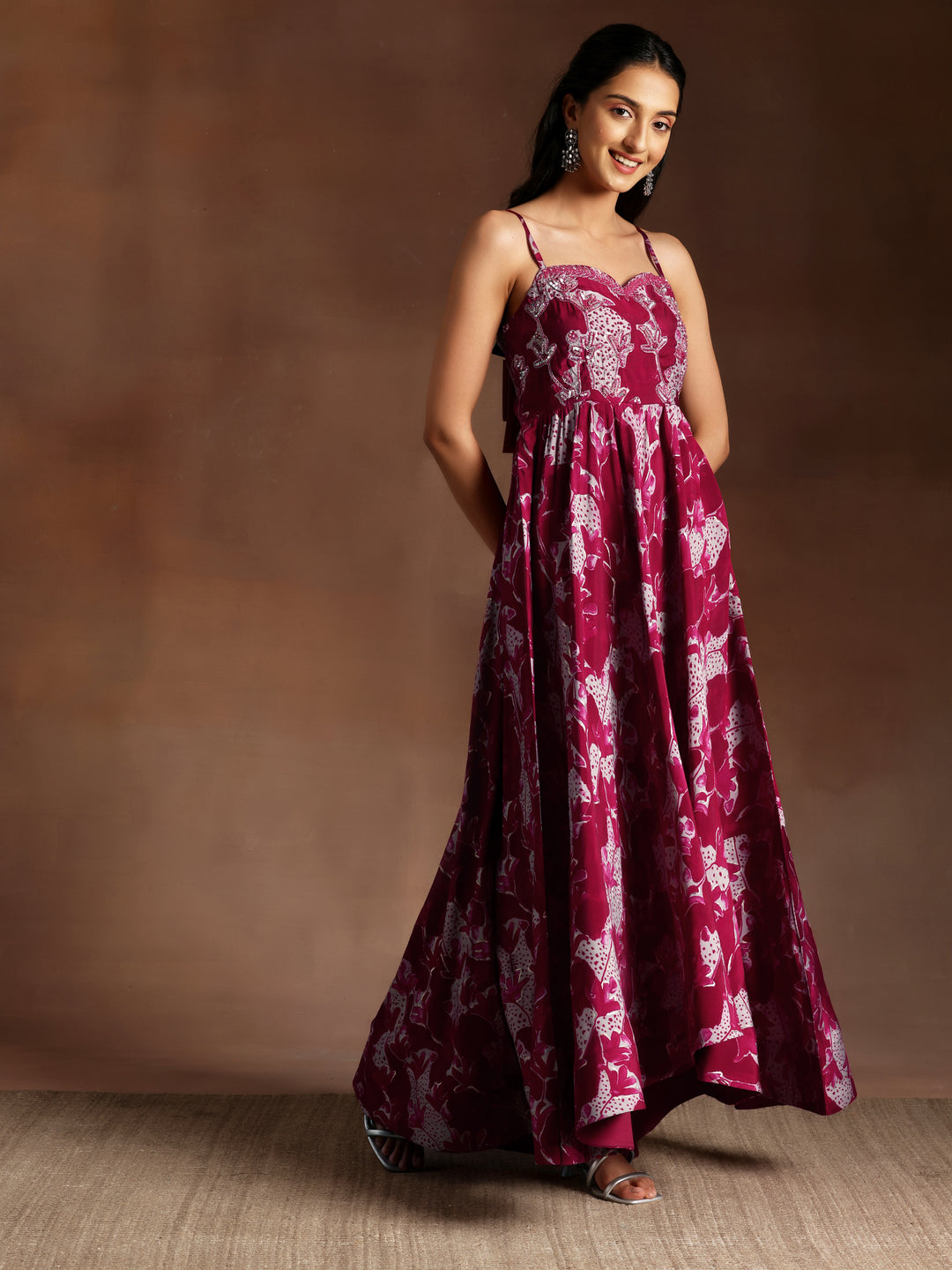  Pink Printed Silk Blend Anarkali Suit With Dupatta 