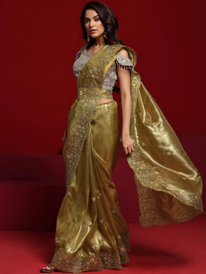 Libas Art Mustard Embroidered Silk Blend Saree With Unstitched Blouse Piece - Libas