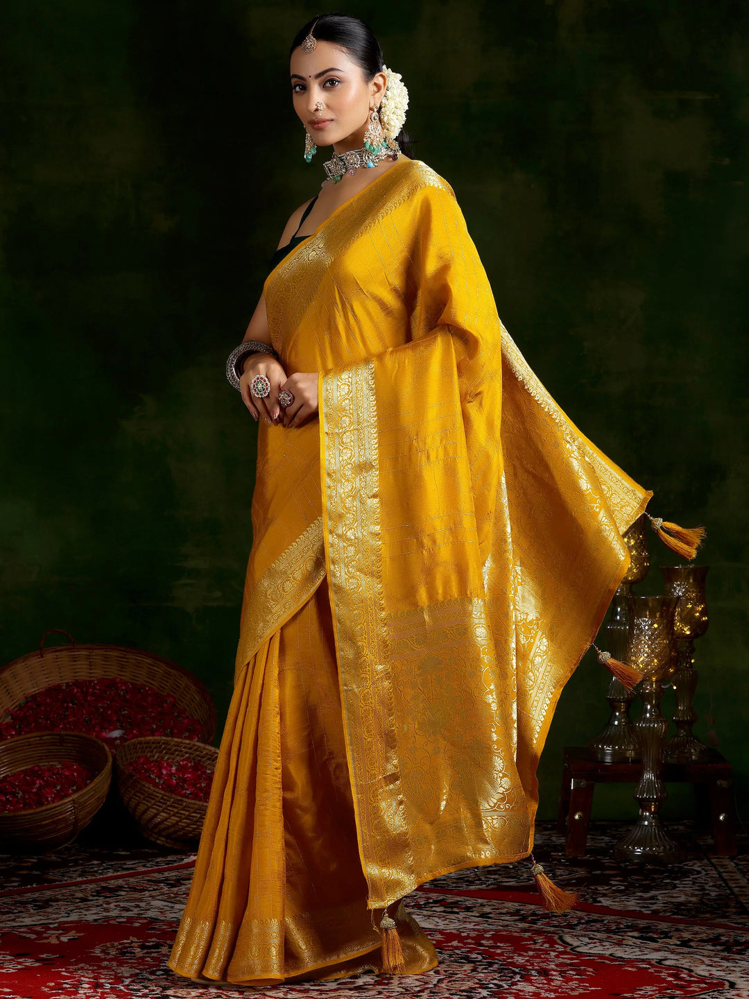 Mustard Woven Design Silk Blend Saree With Unstitched Blouse Piece 