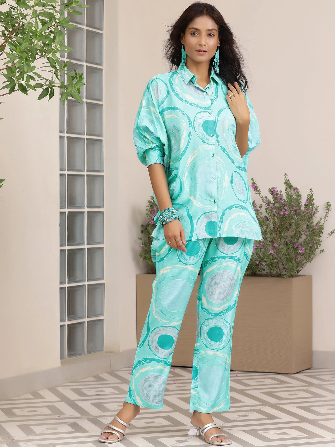  Blue Printed Silk Blend Co-Ords 