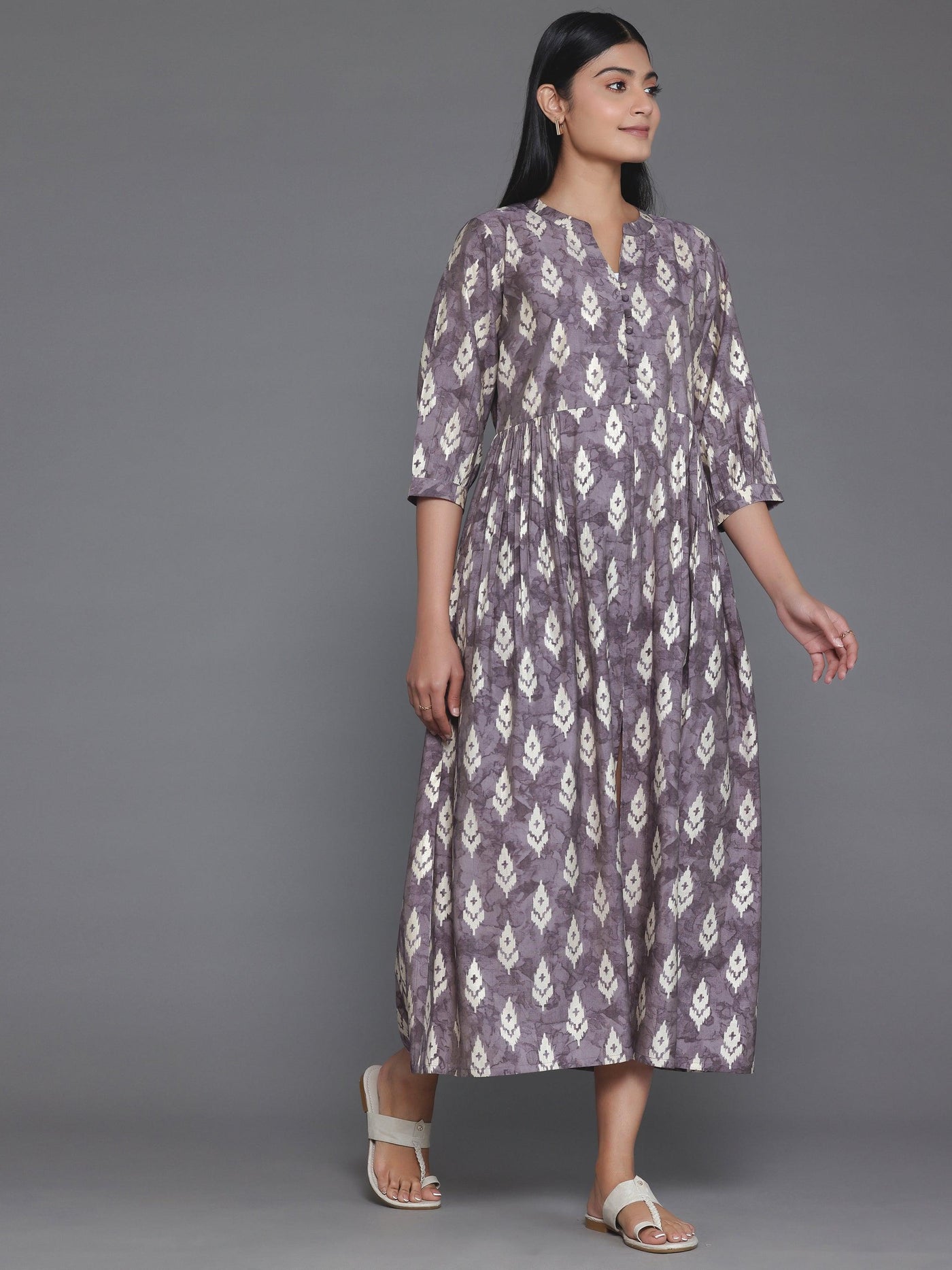 Mauve Printed Silk Fit and Flare Dress - Libas
