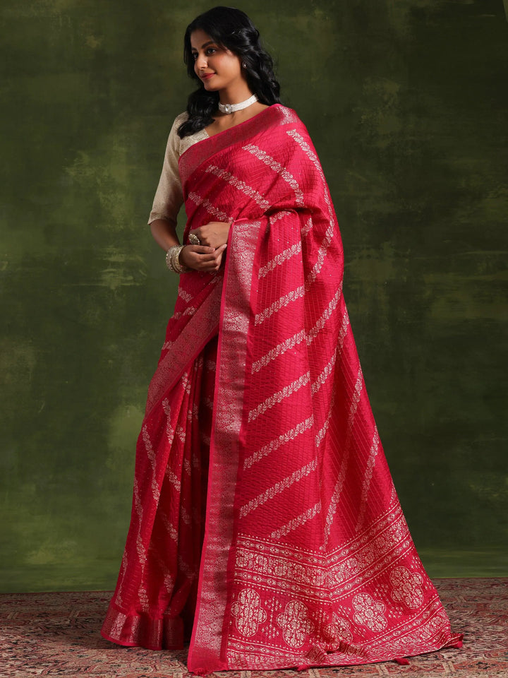 Pink Printed Silk Blend Saree With Unstitched Blouse Piece - Libas