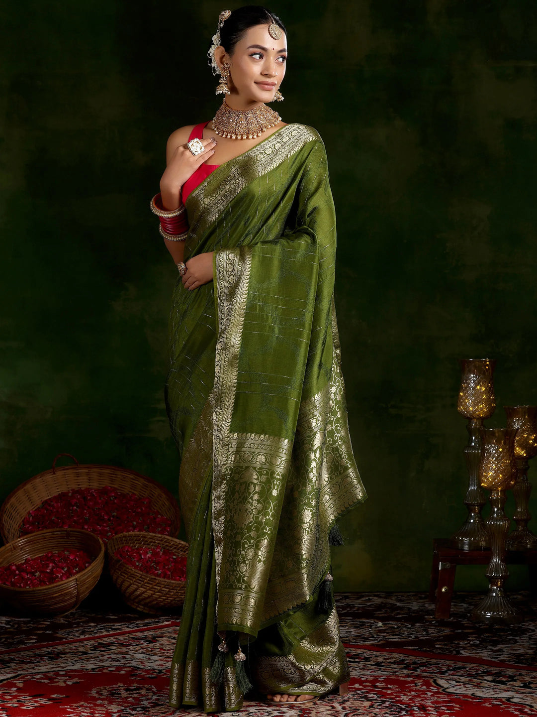  Olive Green Woven Design Silk Blend Saree With Unstitched Blouse Piece 