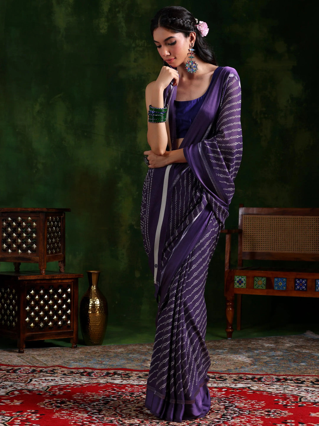 Purple Printed Satin Saree With Unstitched Blouse Piece - Libas 