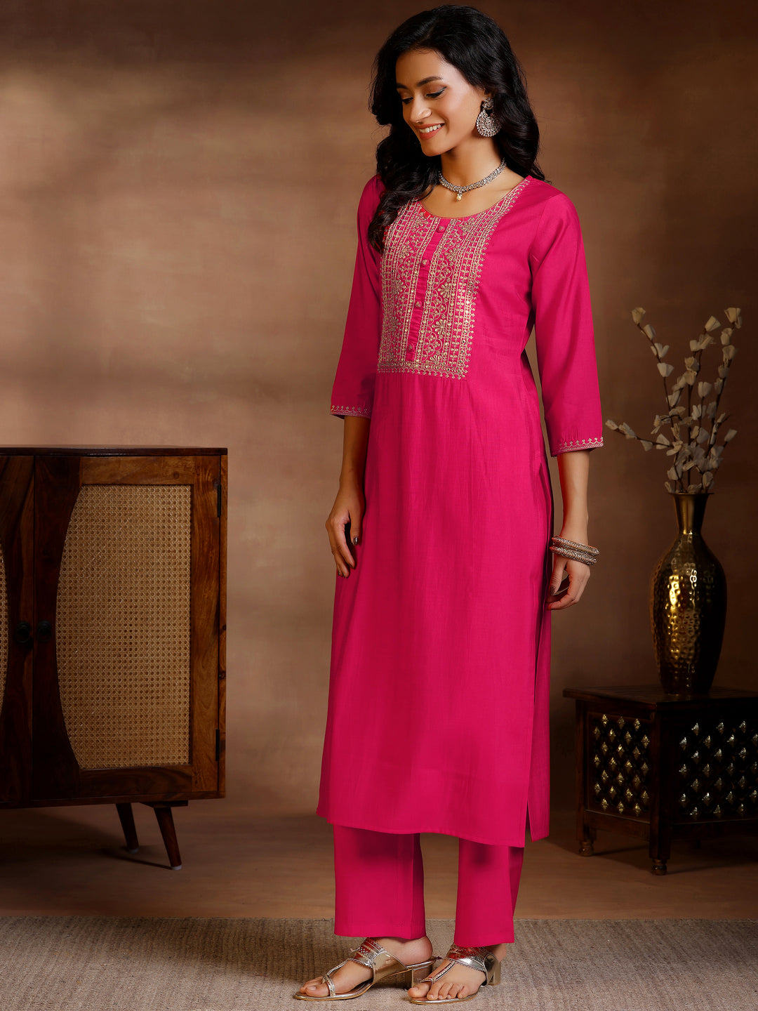 Pink Yoke Design Silk Blend Straight Suits With Dupatta 