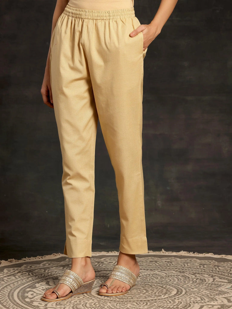 Libas Cream Solid Cotton Straight Fit Trousers