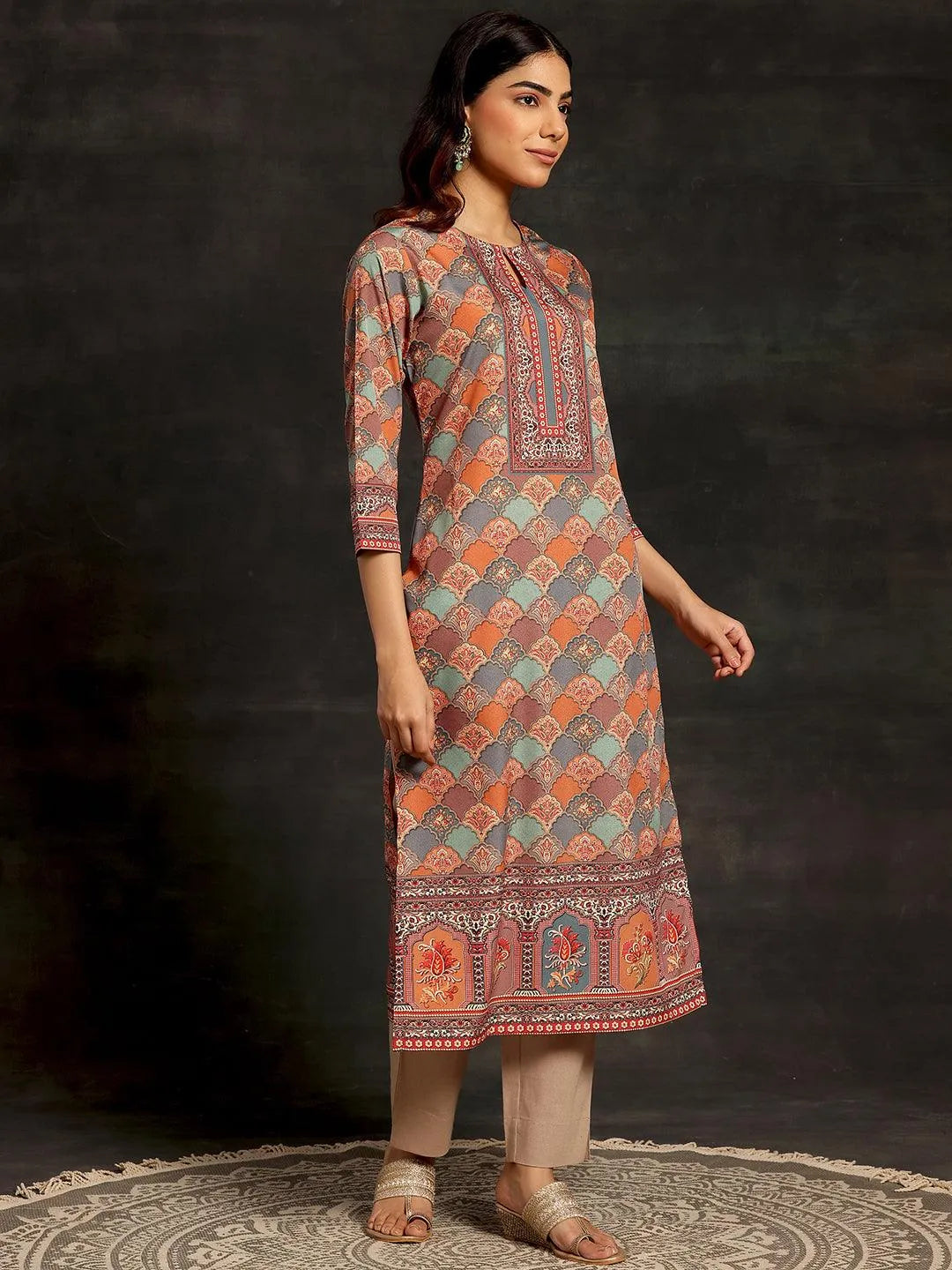 Multicoloured Printed Crepe Straight Kurta - Libas 