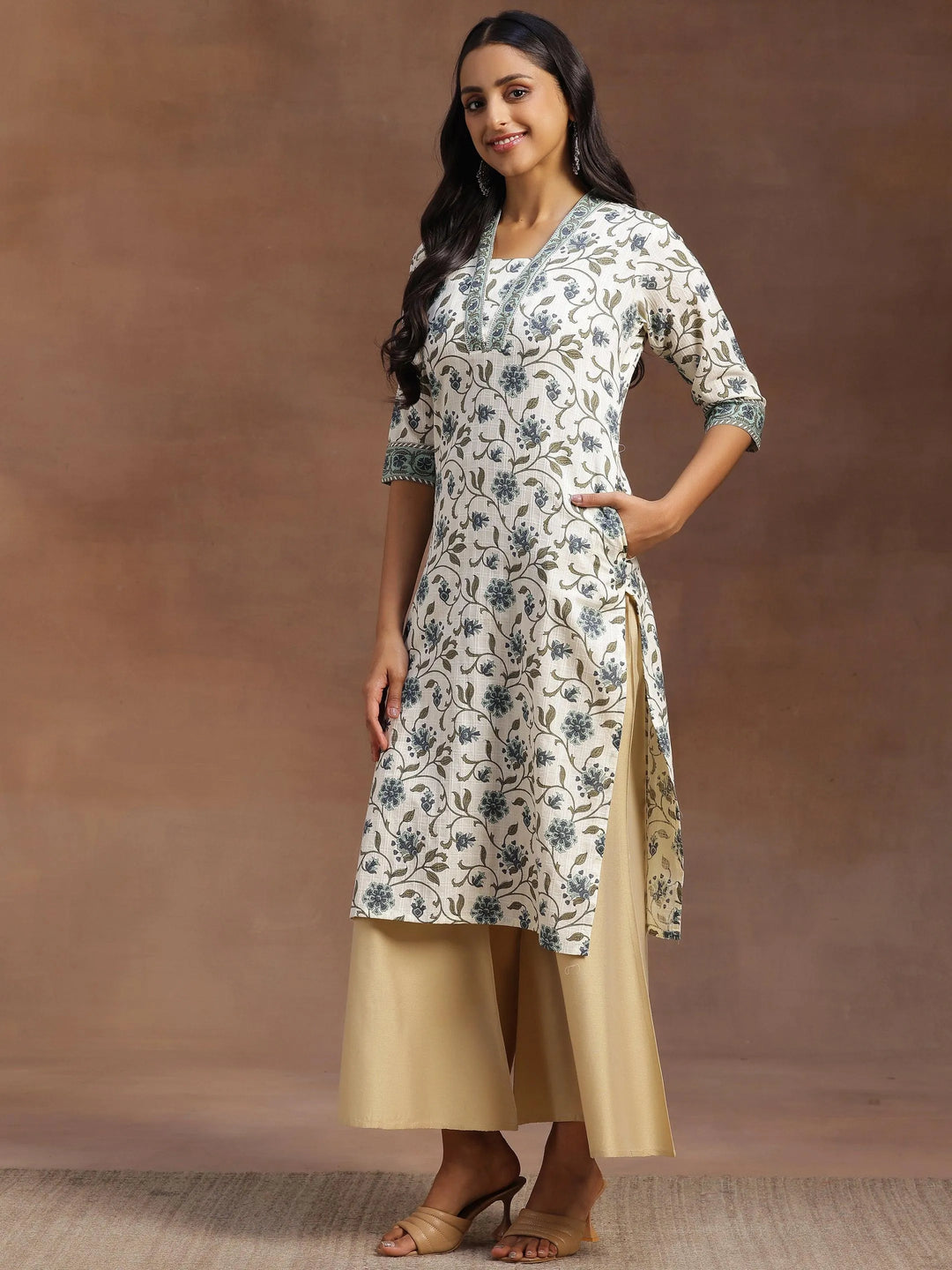 Off White Printed Cotton Straight Kurta - Libas 