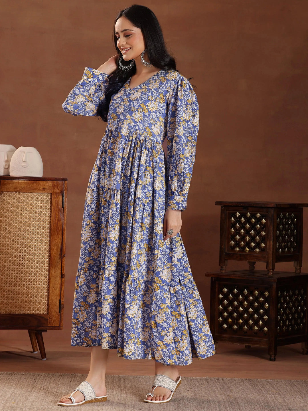 Blue Printed Cotton Fit and Flare Dress - Libas 