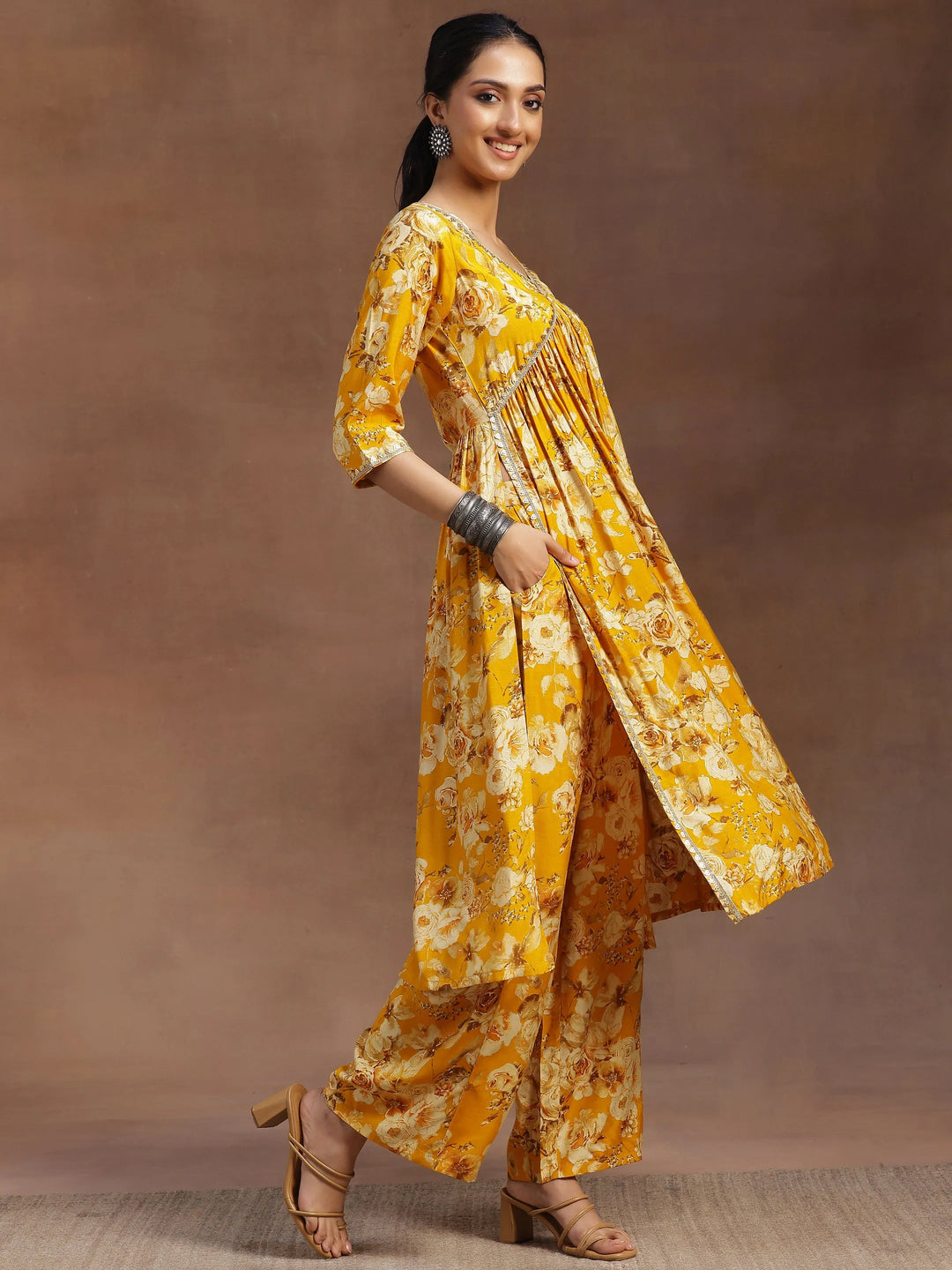  Yellow Printed Silk Blend A-Line Kurta With Palazzos & Dupatta 