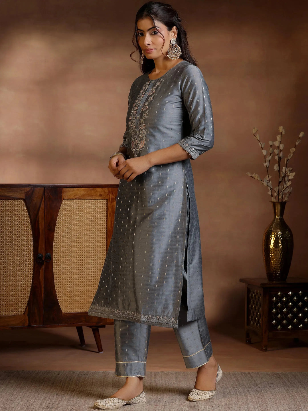  Grey Yoke Design Silk Blend Straight Suits With Dupatta 