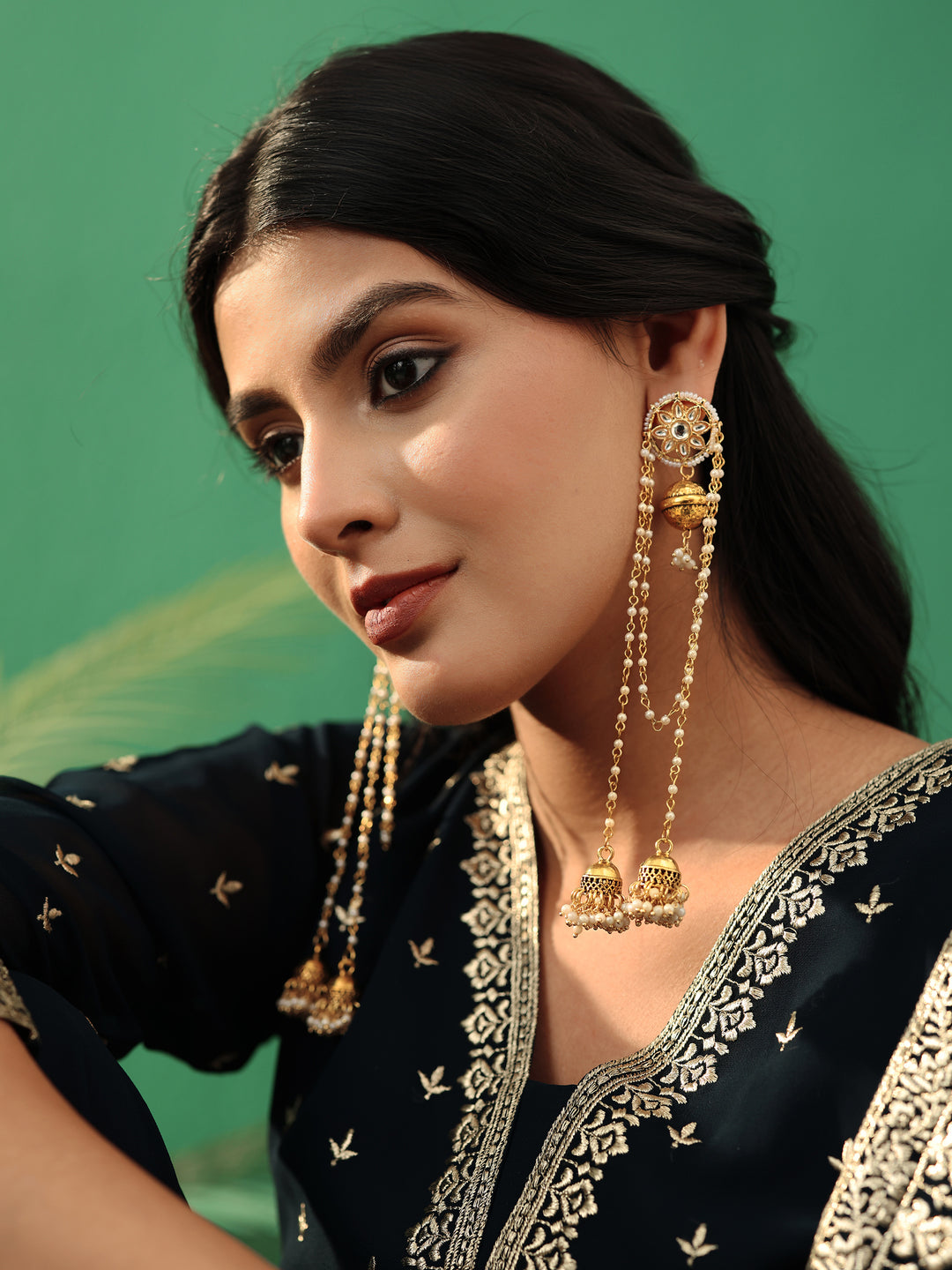  Libas Gold-Tone Long Chain Kashmiri Earrings with Jhumki Drops 
