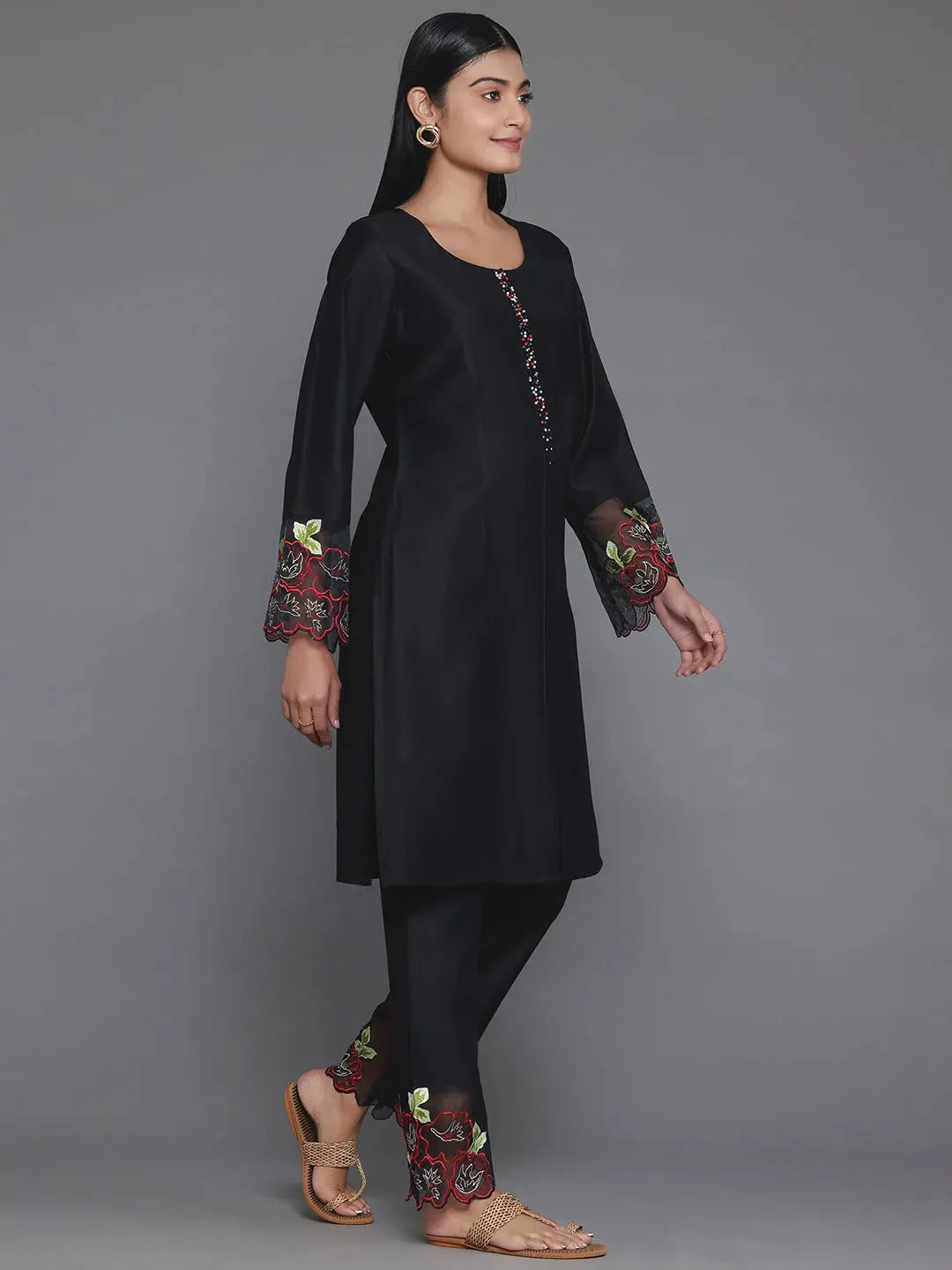  Black Solid Silk Blend Straight Suit With Dupatta 