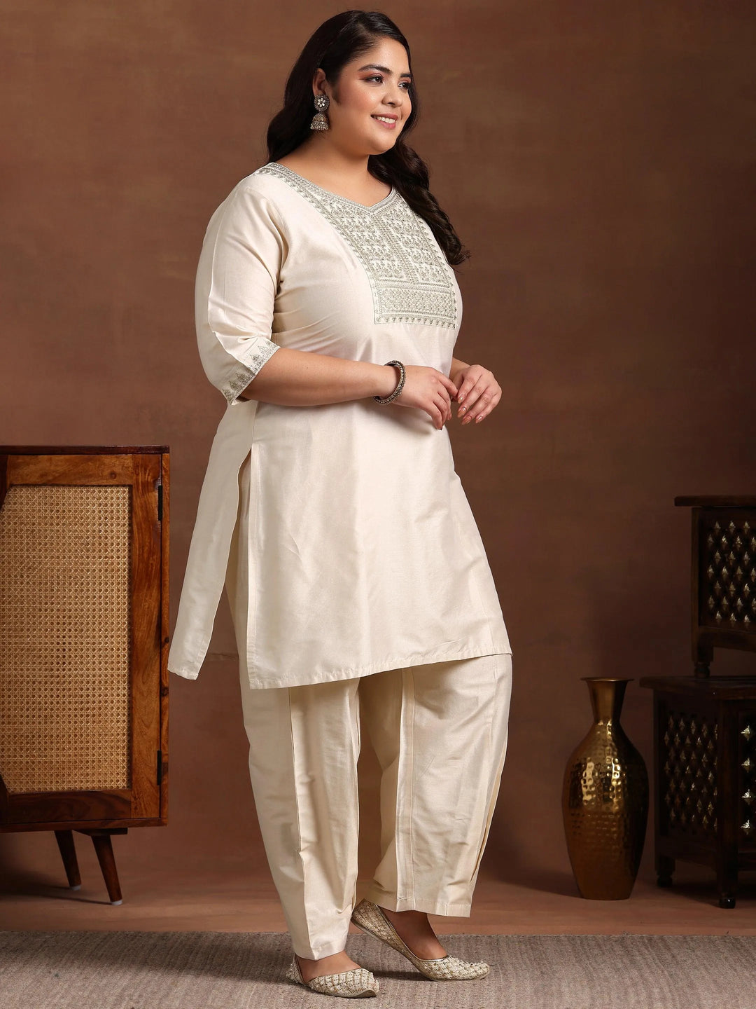 Plus Size Off White Yoke Design Silk Blend Straight Suit With Dupatta - Libas 