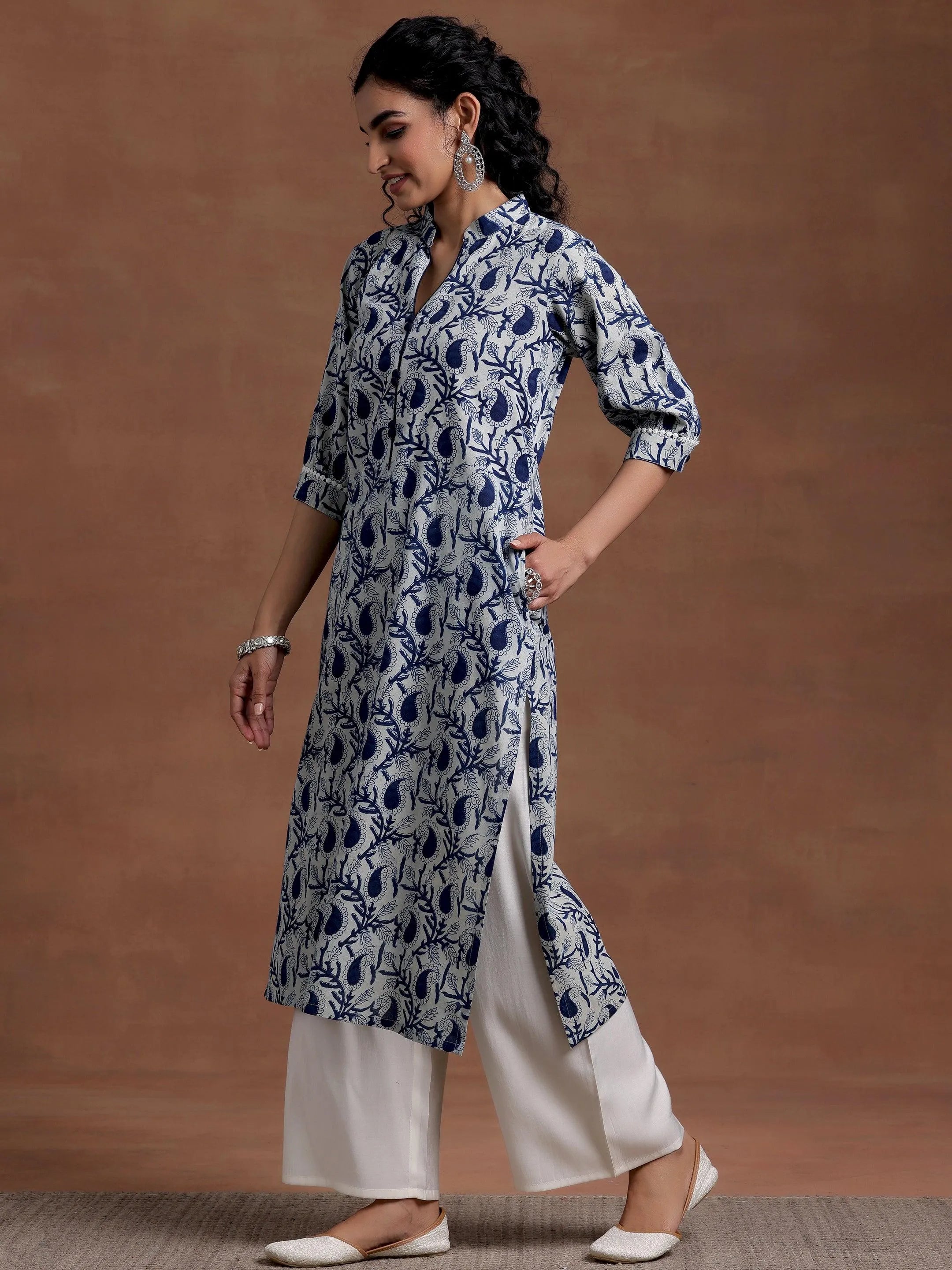 Indigo Blue Printed Cotton Straight Kurta