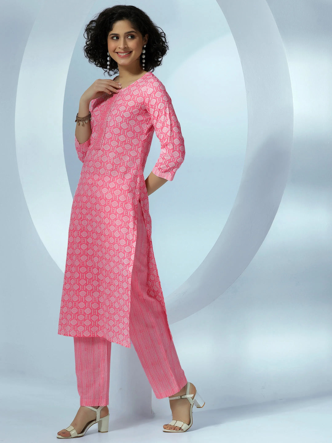  Pink Printed Cotton Straight Suit With Dupatta 