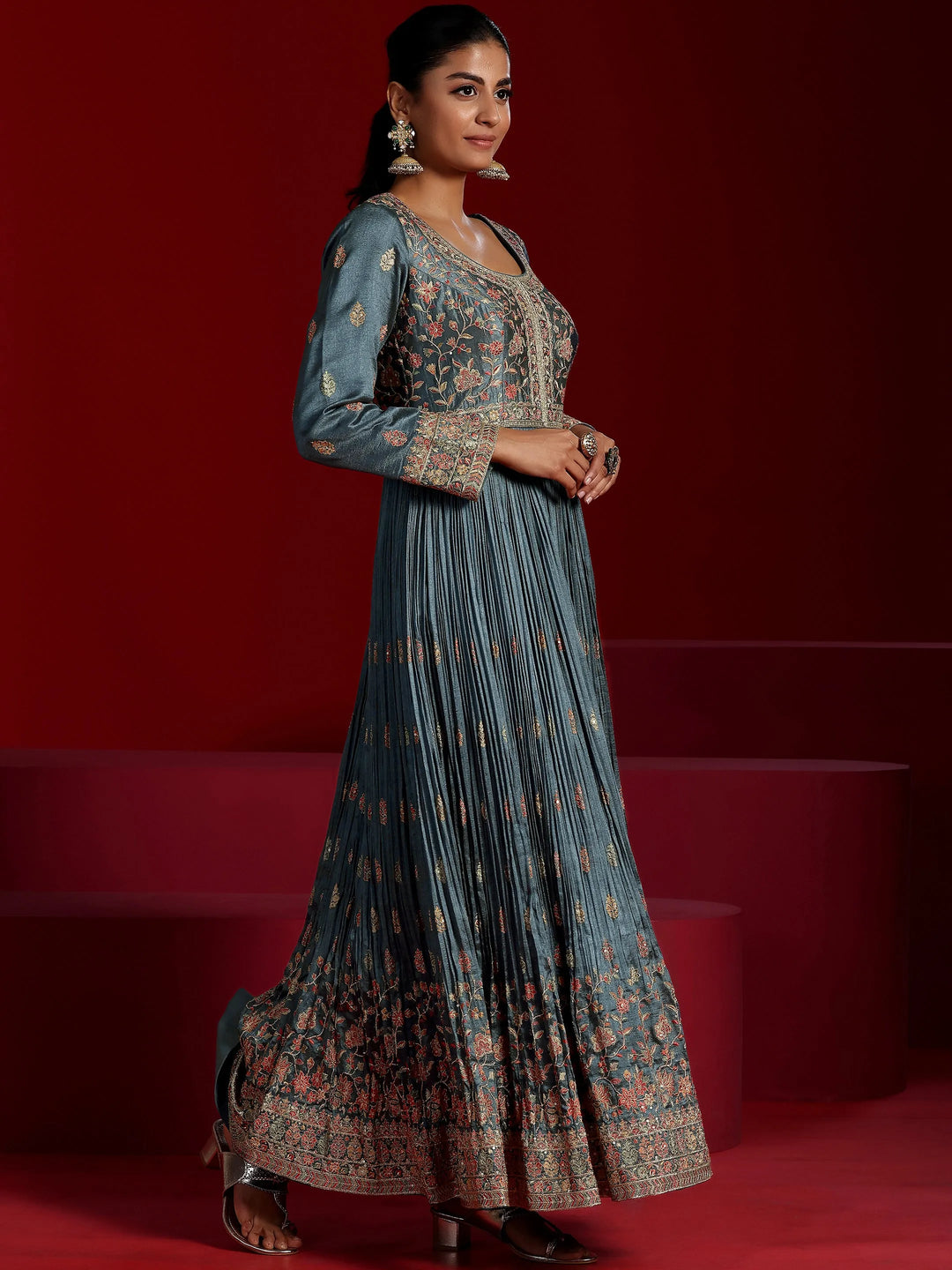  Libas Art Blue Embroidered Silk Blend A-Line Kurta With Trousers & Dupatta 