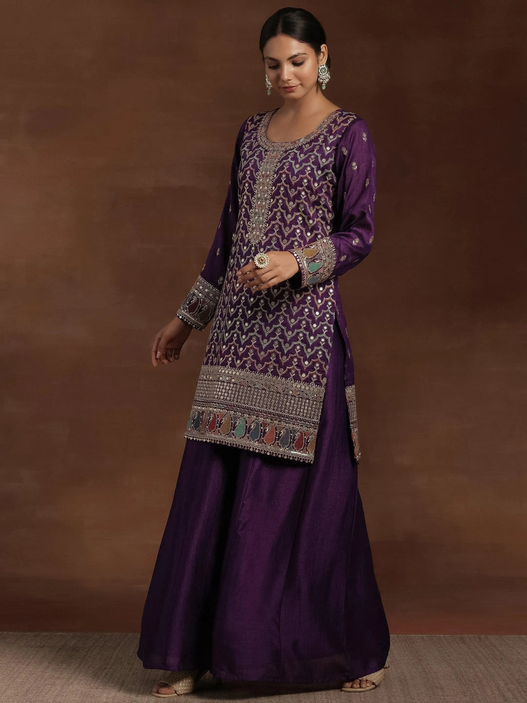 Purple Embroidered Silk Blend Straight Kurta With Palazzos & Dupatta - Libas 