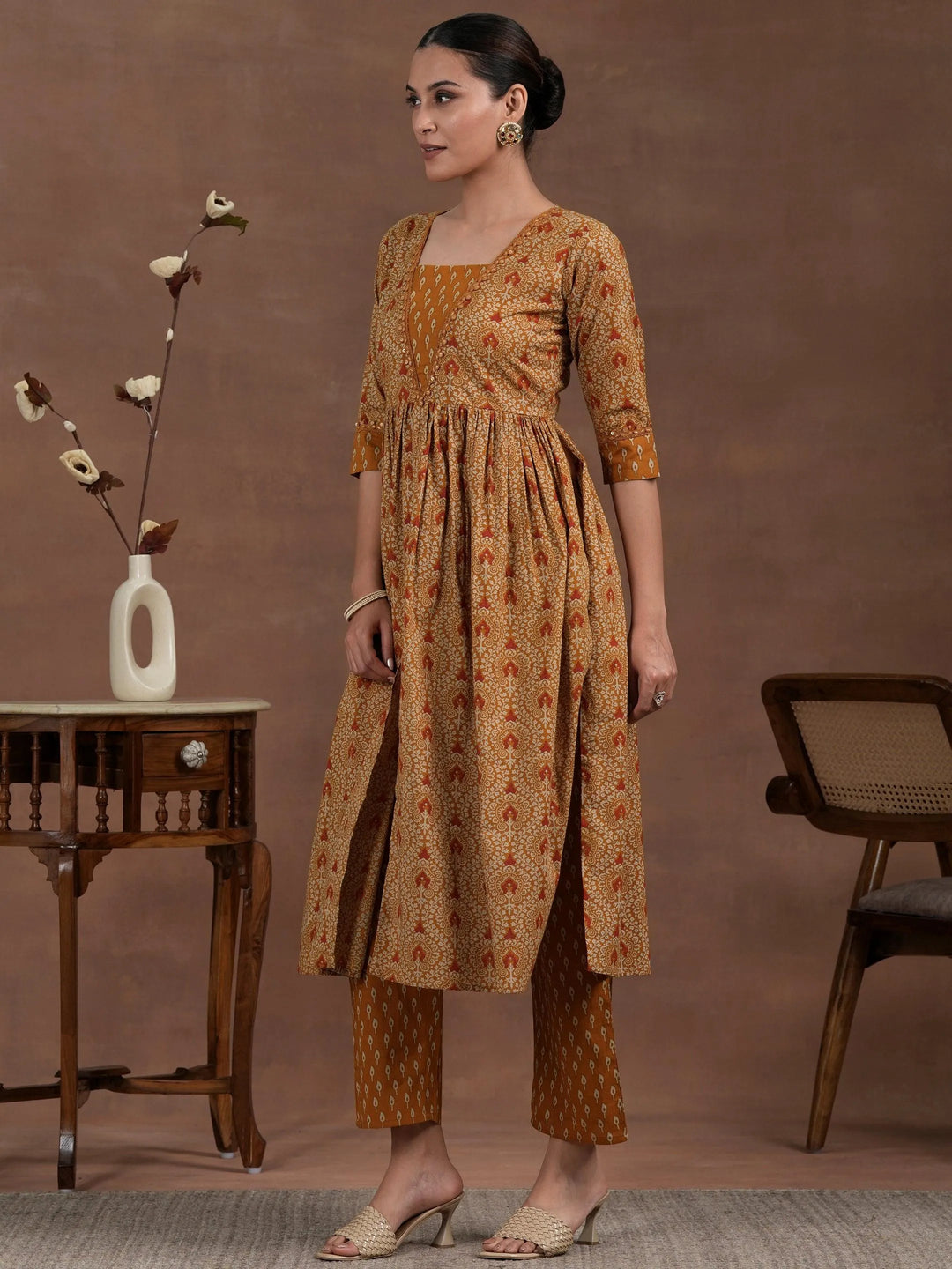 Mustard Printed Cotton A-Line Kurta With Palazzos - Libas 