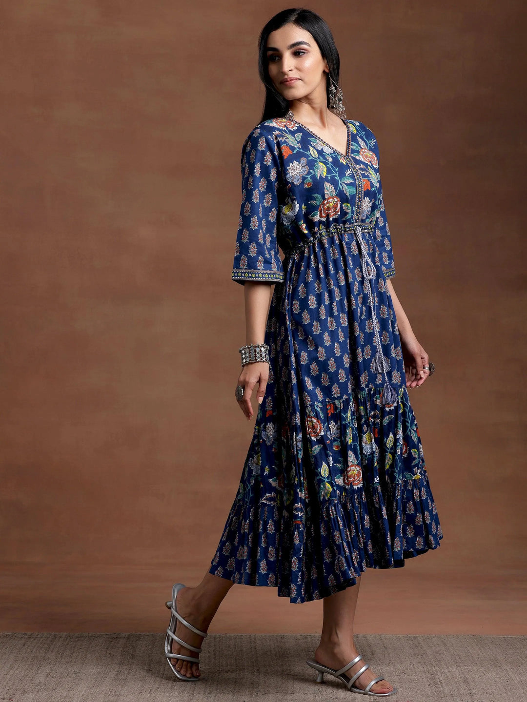 Blue Printed Cotton Fit and Flare Dress - Libas