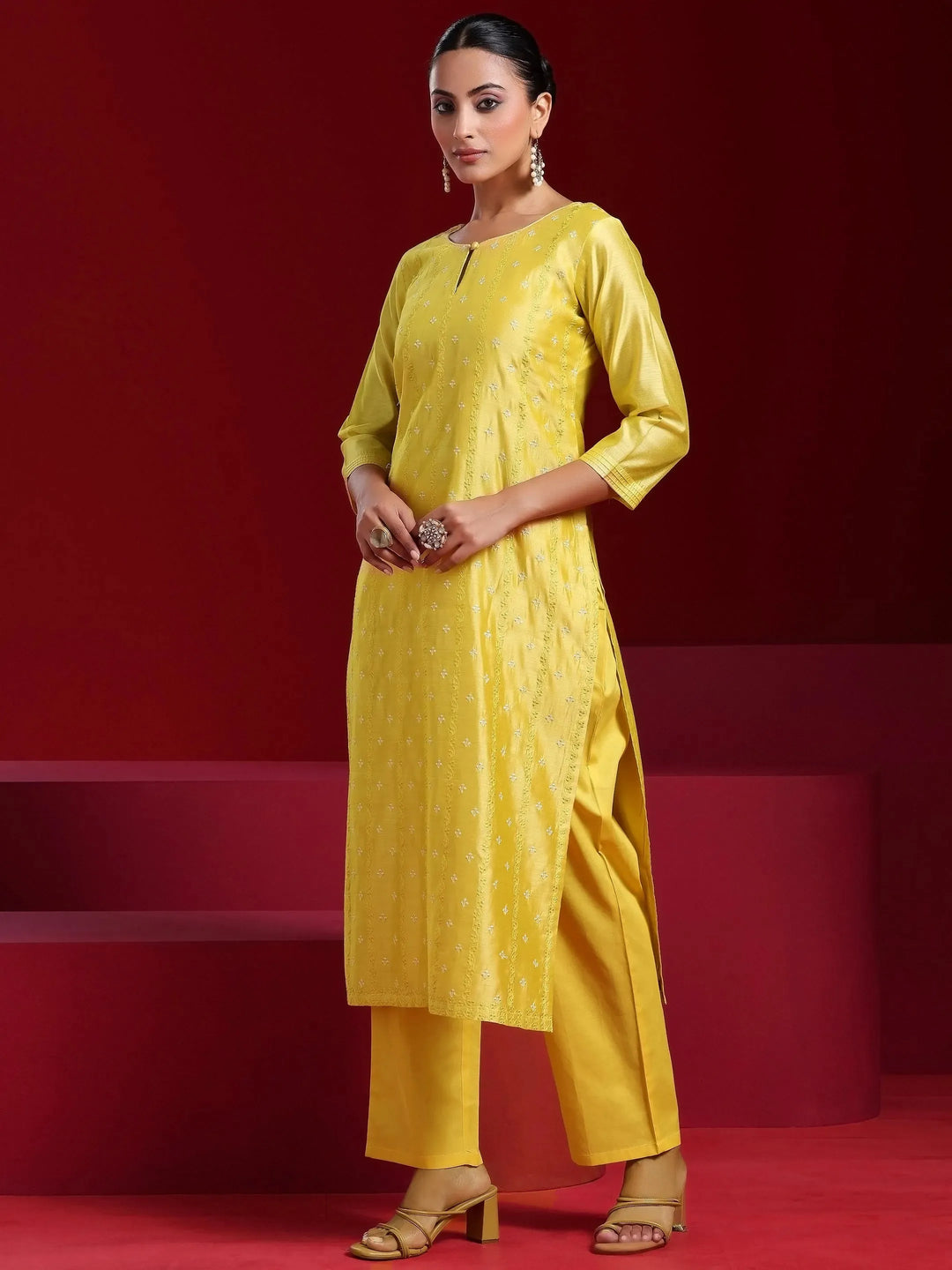  Libas Art Yellow Embroidered Chanderi Silk Straight Suit With Dupatta 