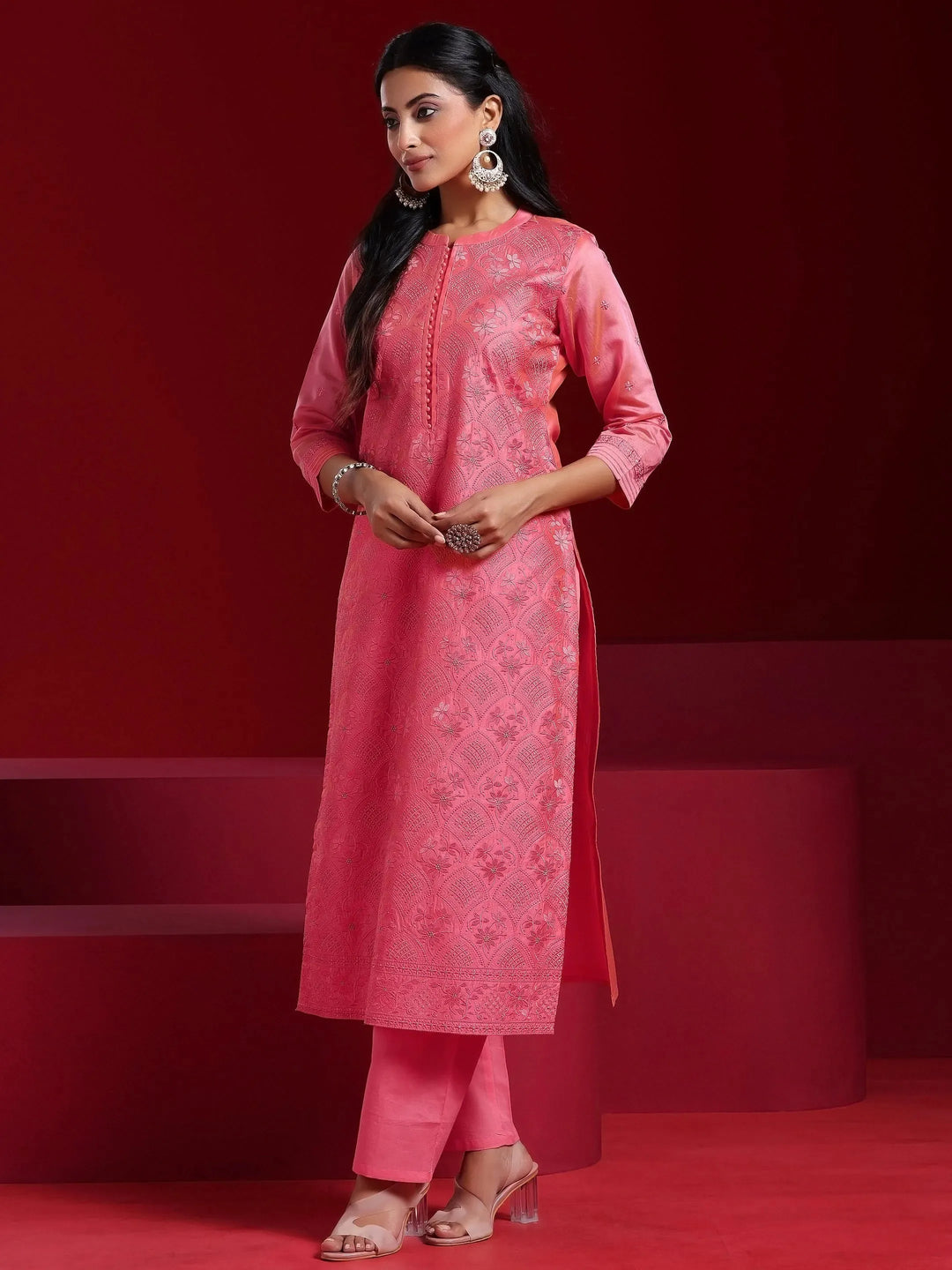  Libas Art Coral Embroidered Chanderi Silk Straight Suit With Dupatta 