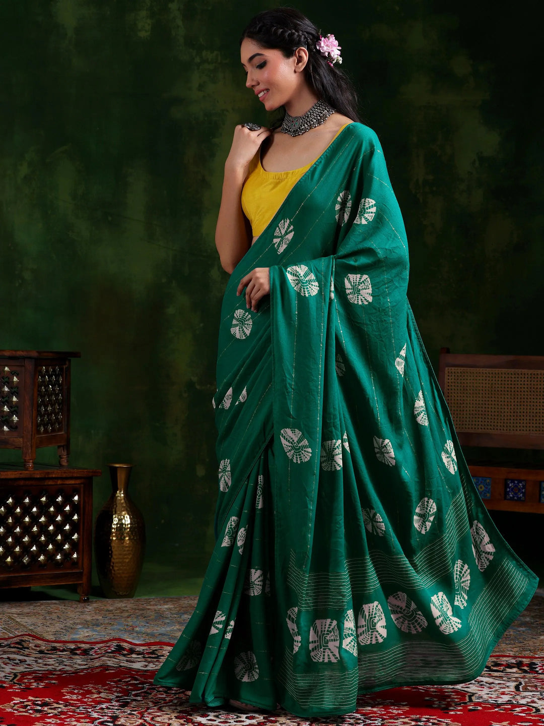Rama Green Printed Poly Chiffon Saree With Unstitched Blouse Piece - Libas 