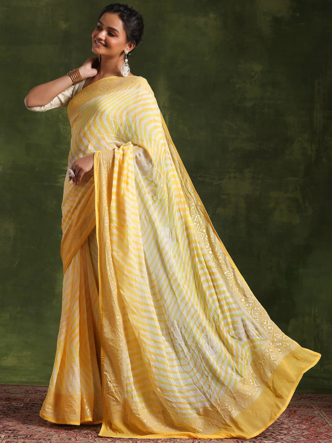 Yellow Printed Poly Georgette Saree With Unstitched Blouse Piece - Libas