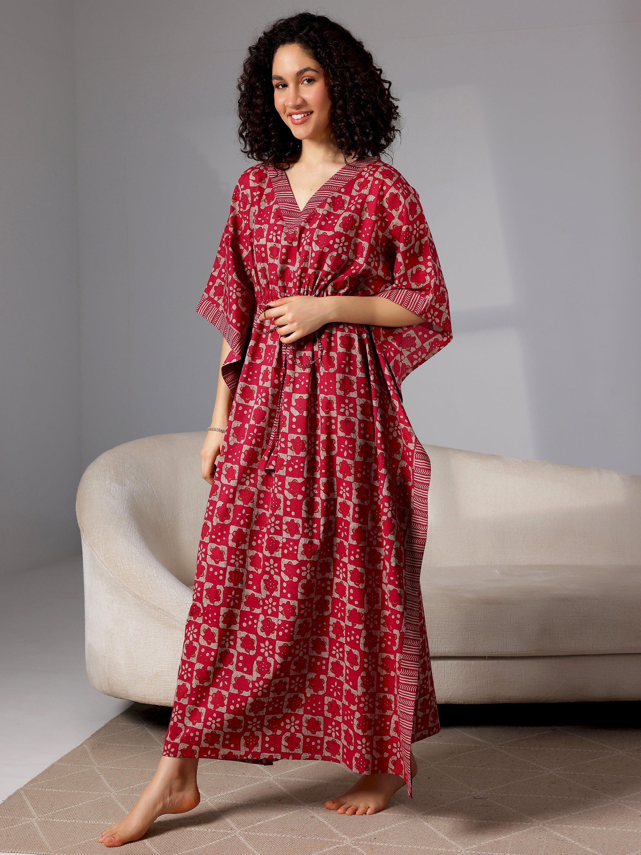 Magenta Printed Cotton Kaftan Night Dress