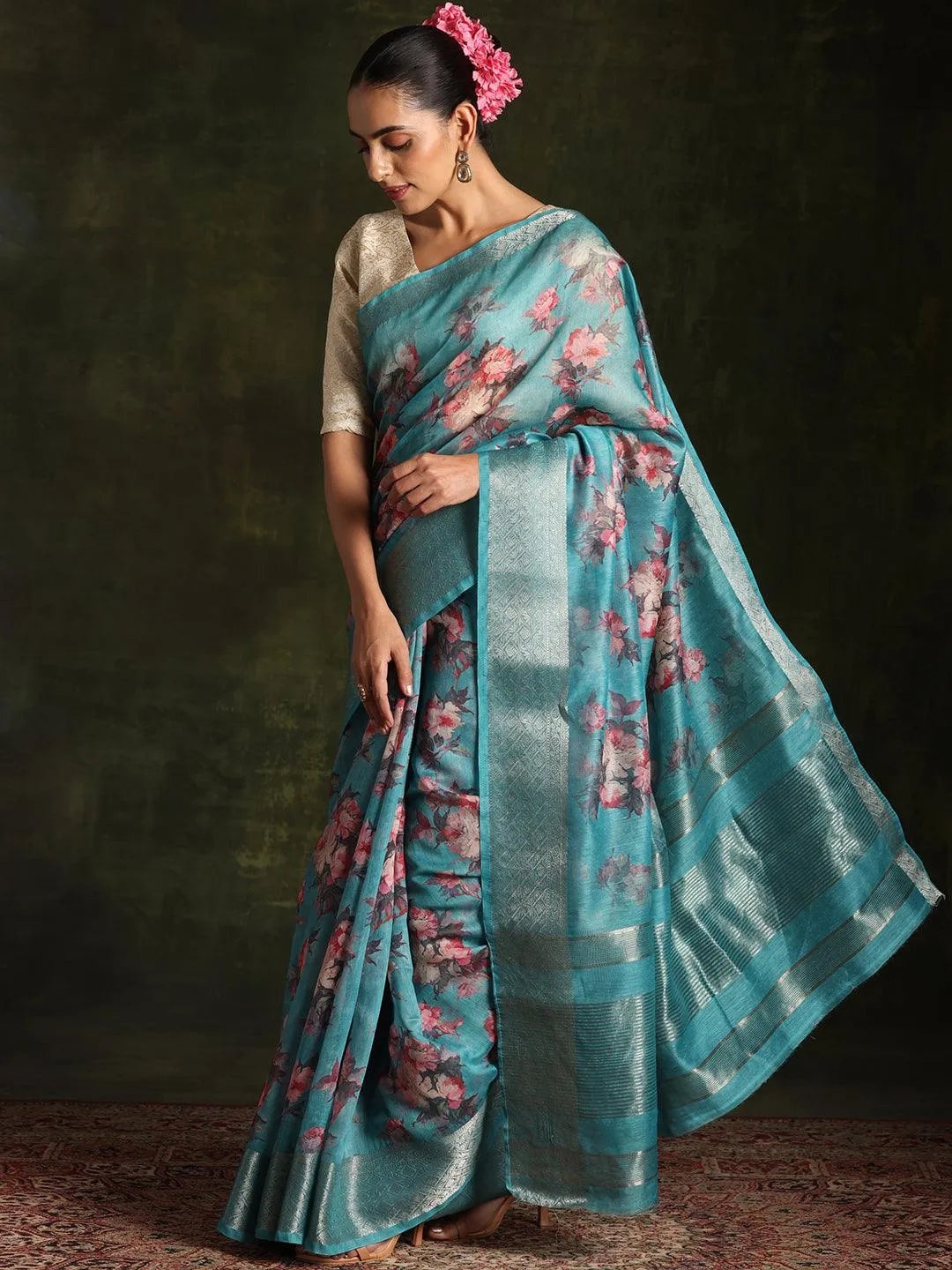 Rama Green Printed Silk Blend Saree With Unstitched Blouse Piece - Libas 