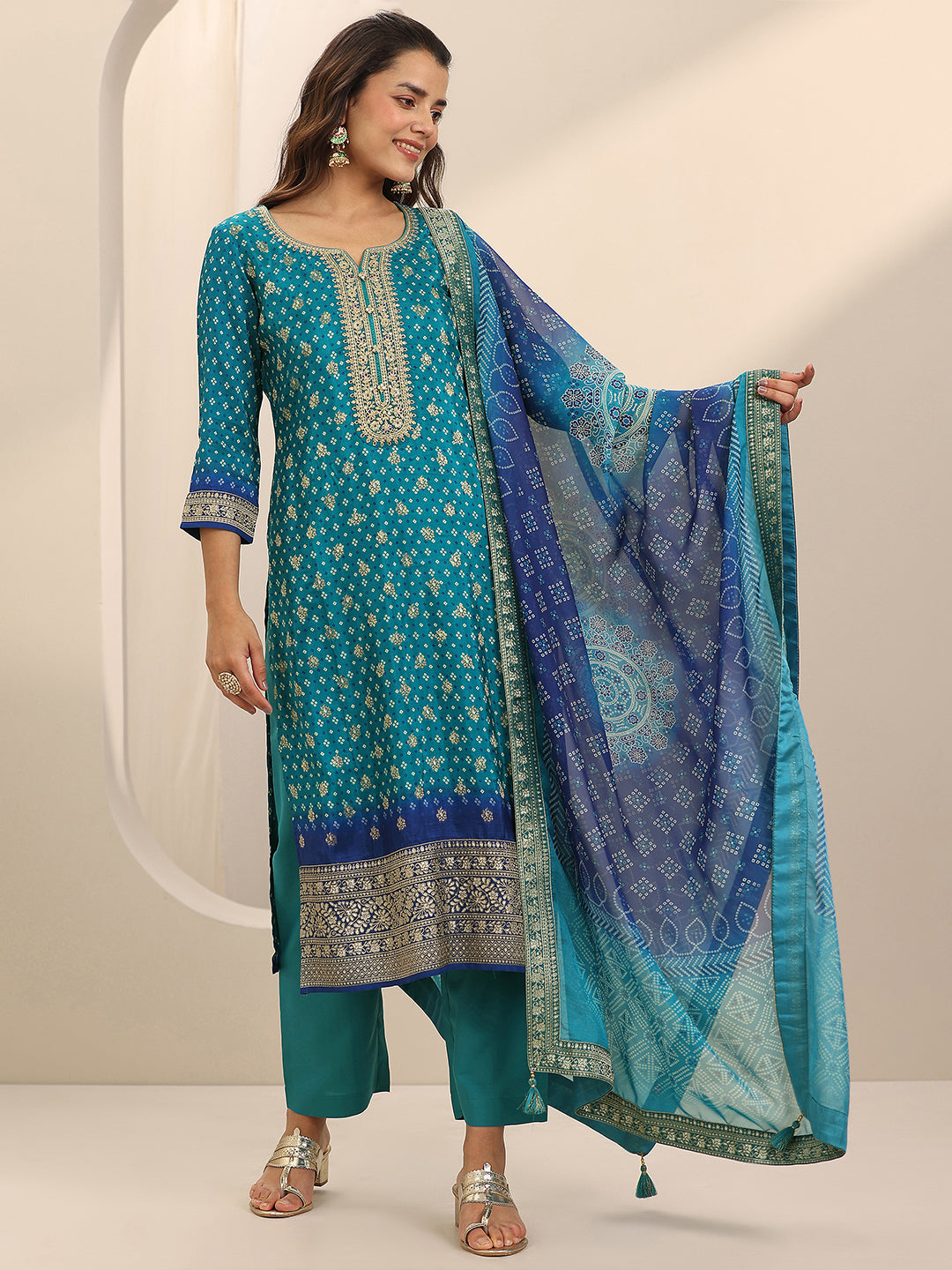 Blue Printed Silk Blend Straight Suit Set With Dupatta