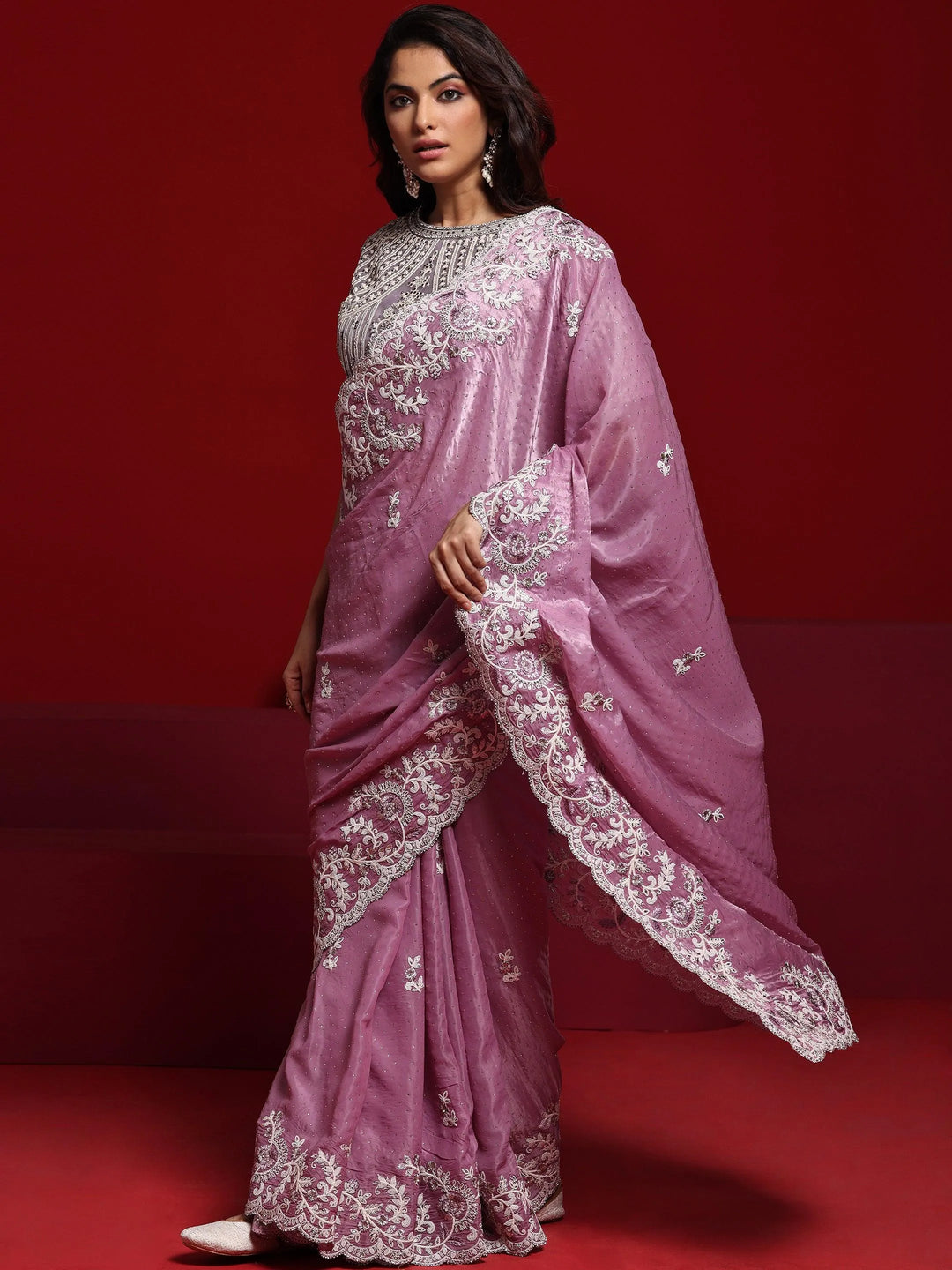 Libas Art Lavender Embroidered Tissue Saree With Unstitched Blouse Piece - Libas 