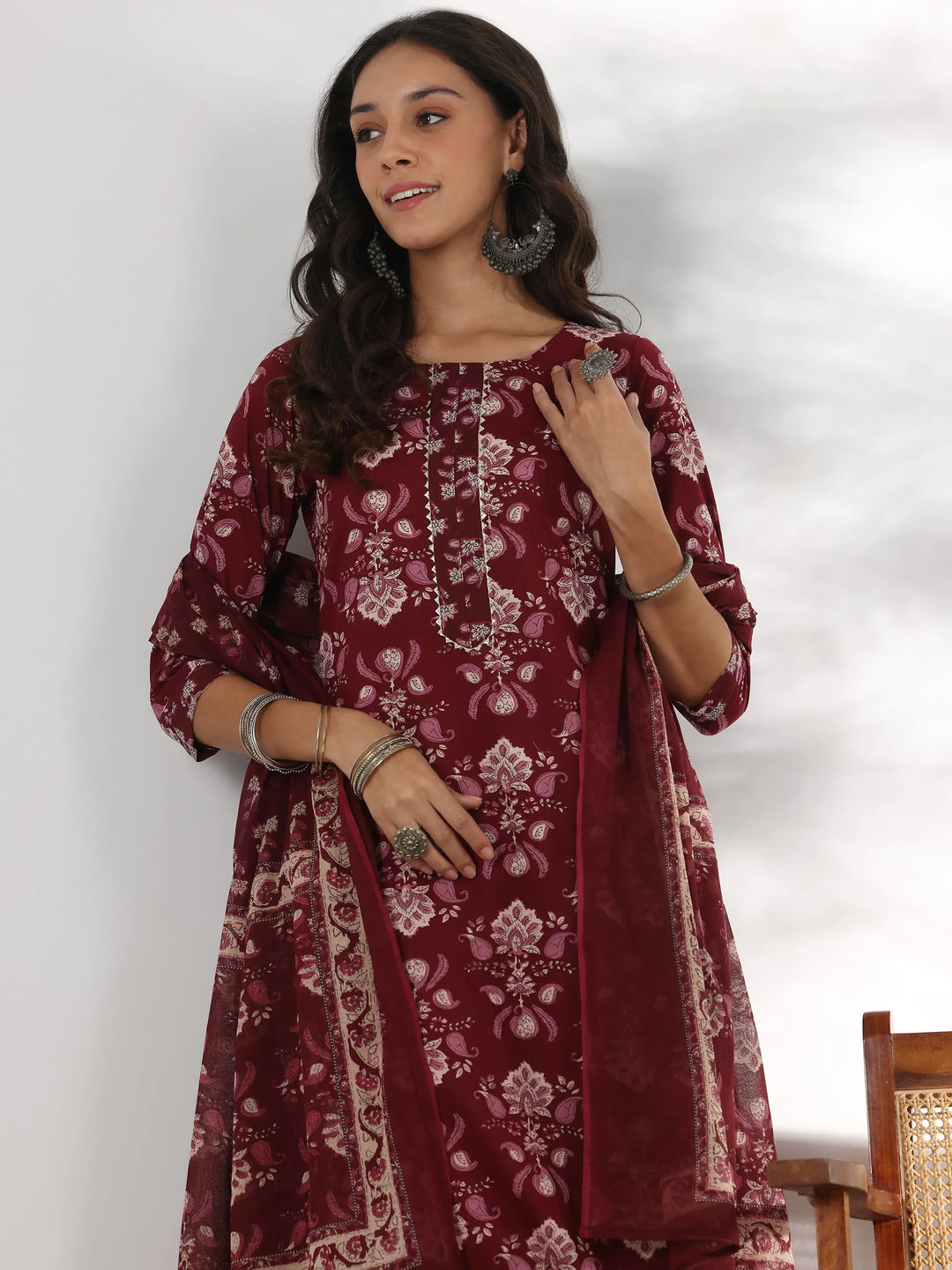  Maroon Printed Cotton Straight Suit With Dupatta 