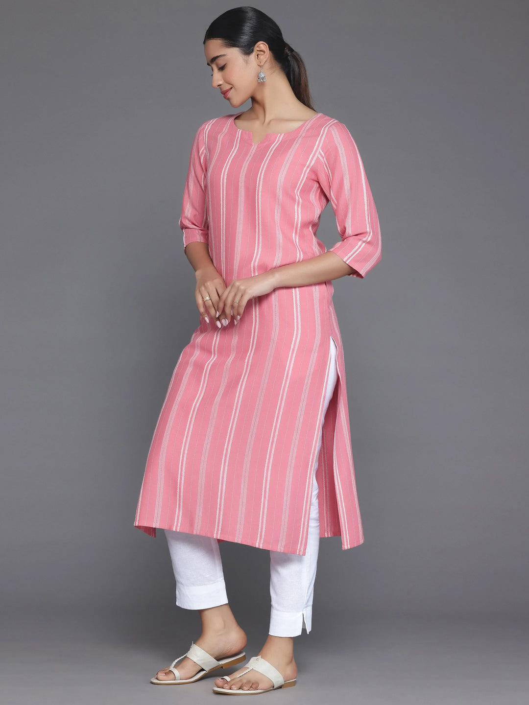  Pink Woven Design Rayon Straight Kurta 