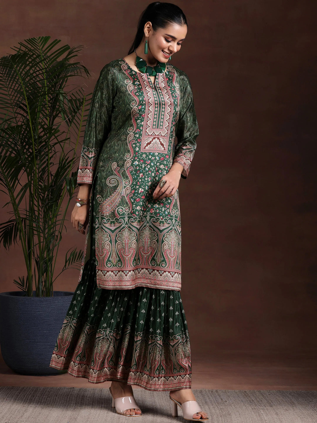  Green Printed Silk Blend Straight Suit With Dupatta 