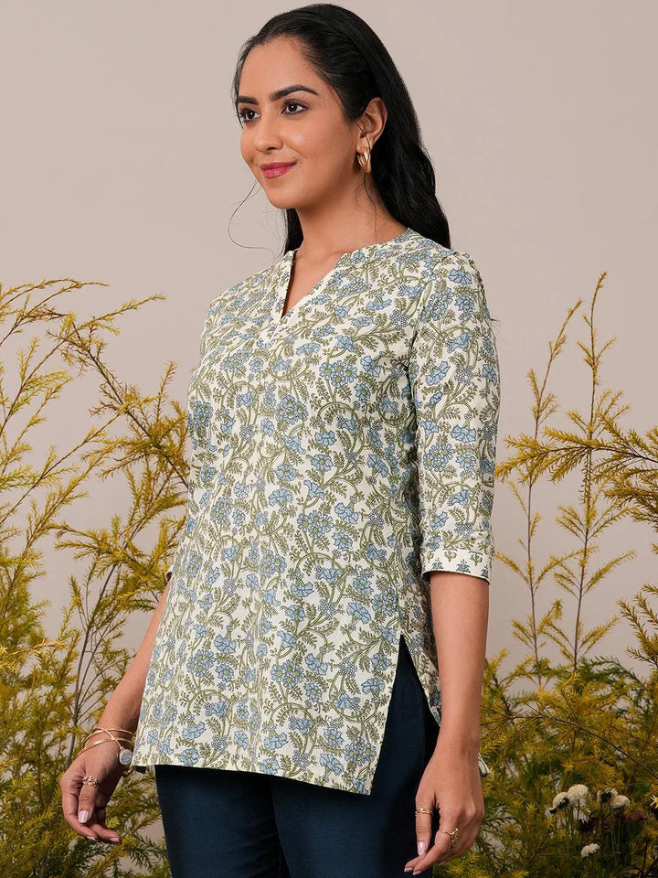 Off White Printed Cotton Straight Kurti - Libas