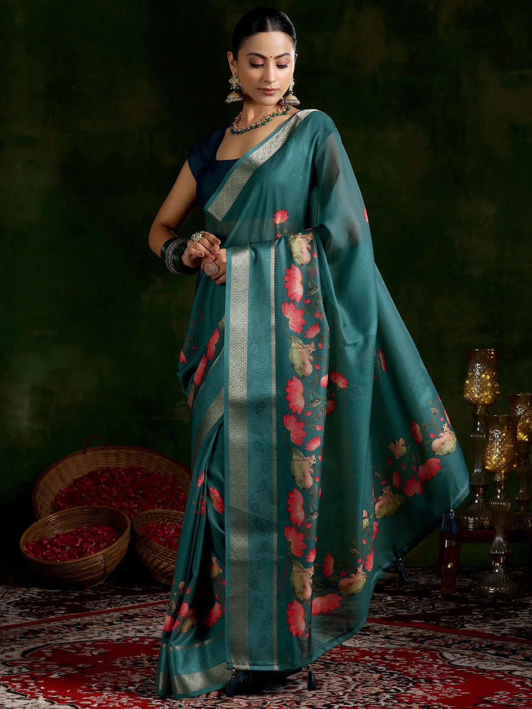  Green Printed Silk Blend Saree With Unstitched Blouse Piece 